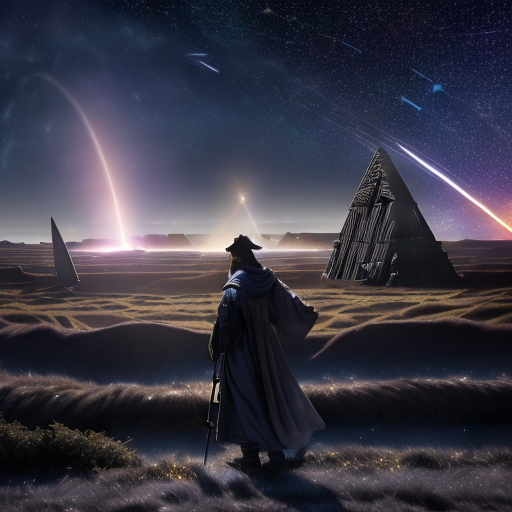 A cosmic explosion of celestial lights and mystical energies as Merlin, clad in his medieval robes and holding his staff, is transported from the ancient stone circles of Britain to the alien landscape of Tatooine, with Star Destroyers looming large in the sky.